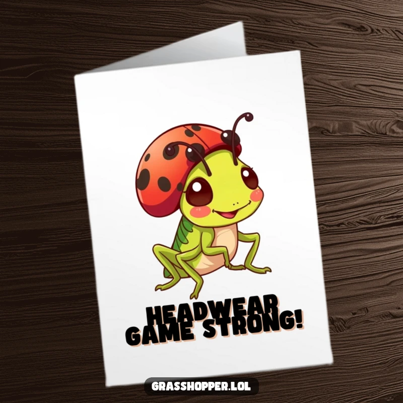 Funny Free Printable Grasshopper Birthday Card: A cheerful grasshopper sports a small, red ladybug perched jauntily on its head like a hat.
