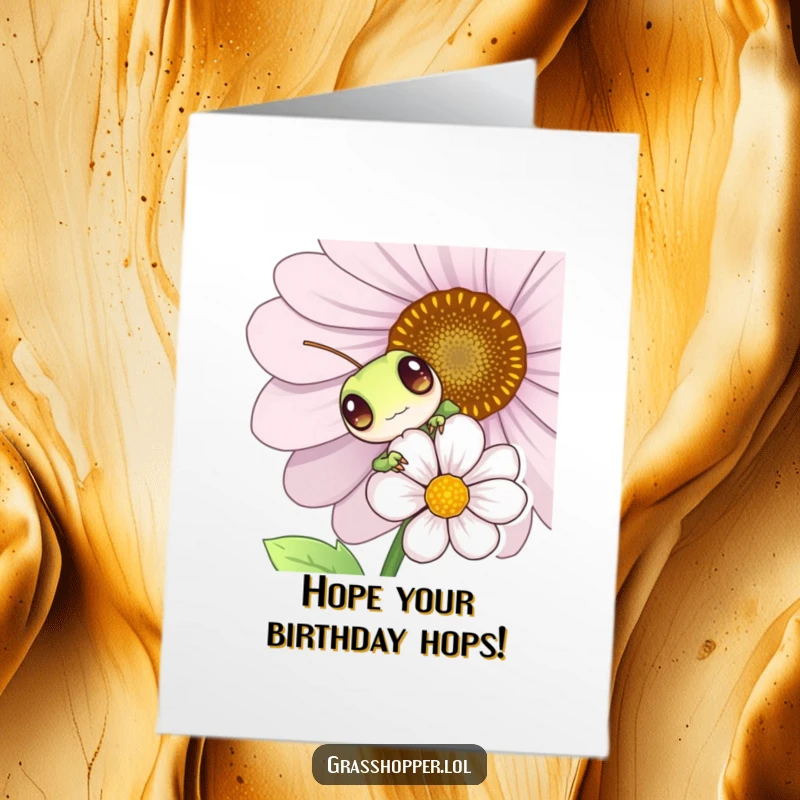 Funny Free Printable Birthday Card with a grasshopper peeking playfully from behind a flower, ready to deliver laughs.