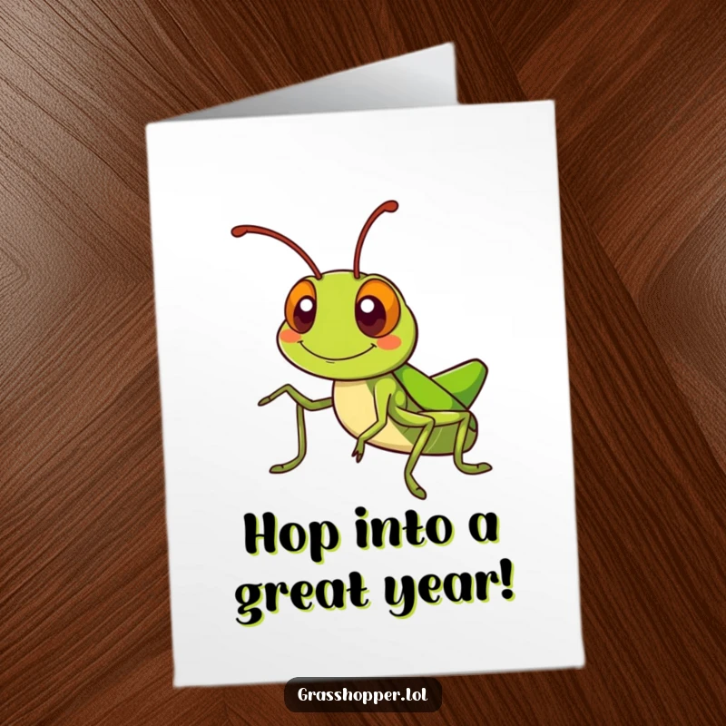 Funny Free Printable Birthday Card: Kawaii grasshopper with a silly grin waves antennae happily. Adorable and cheerful.
