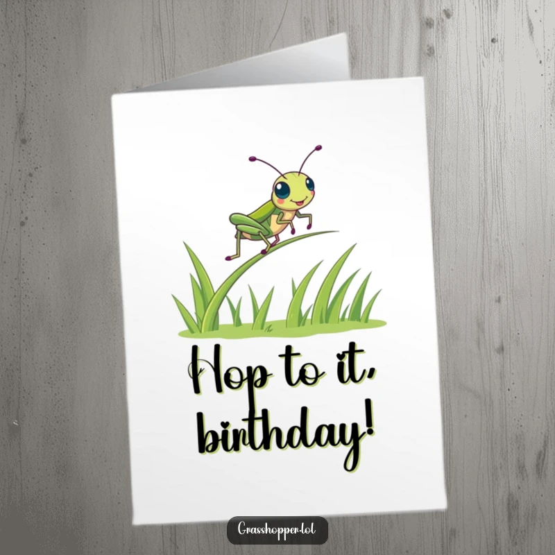 Funny Free Printable Grasshopper Birthday Card: A kawaii grasshopper joyfully bounces high on a springy blade of grass.