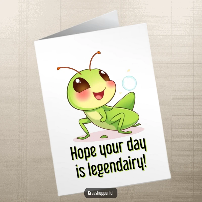 Funny Free Printable Birthday Card: A grasshopper giggling gleefully while blowing a tiny, shimmering bubble.