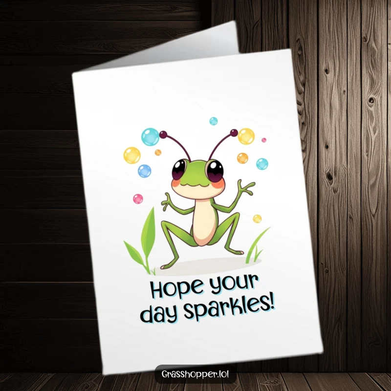 Funny Free Printable Birthday Card: A grasshopper joyfully juggles colorful shimmering dewdrops, celebrating a bright and happy occasion.