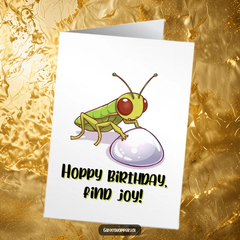 Funny Free Printable Birthday Card: A curious grasshopper intently examines a sparkling pebble with wonder.