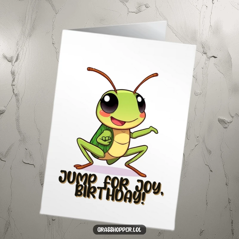 Funny Free Printable Birthday Card: Kawaii grasshopper with a happy expression striking a dynamic, superhero-like pose. Energetic and fun.