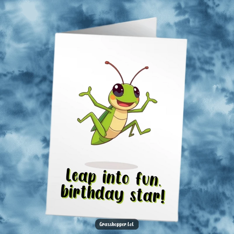 Funny Free Printable Birthday Card: Kawaii grasshopper joyfully leaping high with excitement, ready to celebrate.