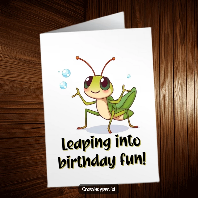 Funny Free Printable Birthday Card: Grasshopper cheerfully juggling dewdrops with its legs, celebrating a birthday with impressive, sparkly skill.
