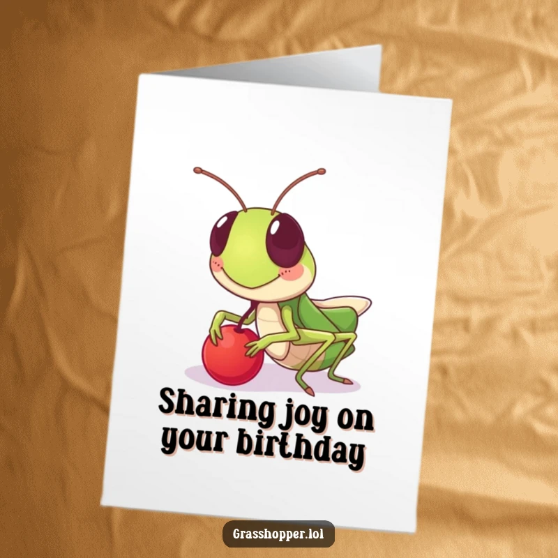 Funny Free Printable Birthday Card: A grasshopper offers a tiny berry with a huge, friendly grin, perfect for birthday sharing.