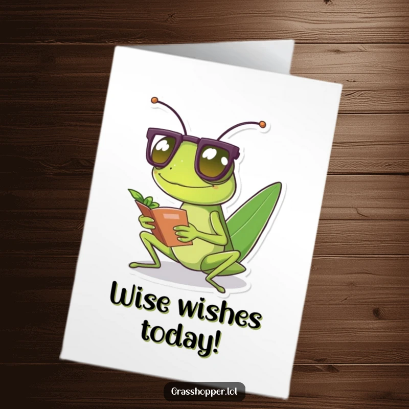 Funny Free Printable Birthday Card: Grasshopper with tiny spectacles reads a leaf, looking studious on their special day.