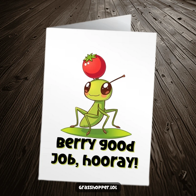 Funny Free Printable Grasshopper Congratulations Card: Grasshopper skillfully balancing a berry on its head, celebrating success with humor.