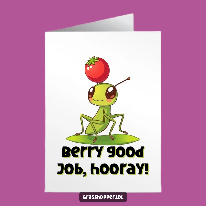 Free Printable Grasshopper Congrats Card: Funny Berry Balance, Downloadable Success