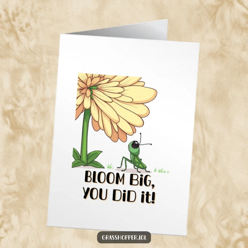 Funny Free Printable Congratulations Card: A grasshopper looking up with amazement at an enormous flower, celebrating a special achievement.