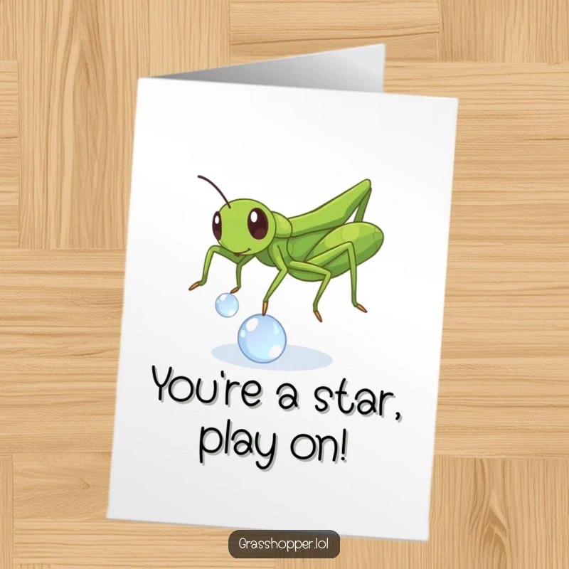 Funny Free Printable Congratulations Card: A cheerful grasshopper gleefully bouncing a dewdrop, celebrating achievements with lighthearted fun.