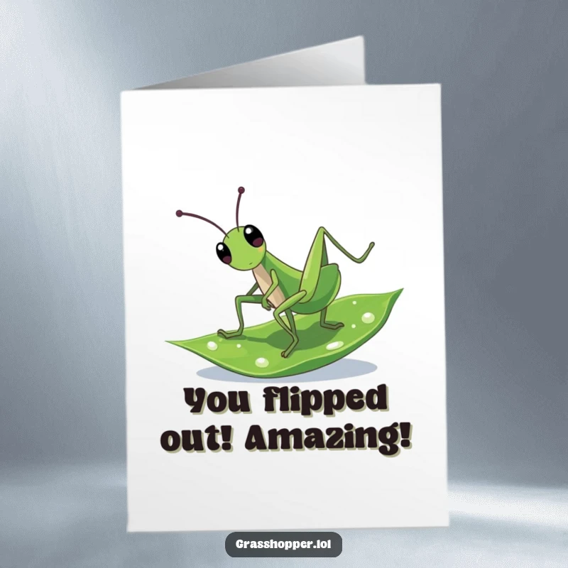 Funny Free Printable Congrats Card showing a grasshopper mid-cartwheel on a dewy leaf, celebrating a successful achievement with flair.