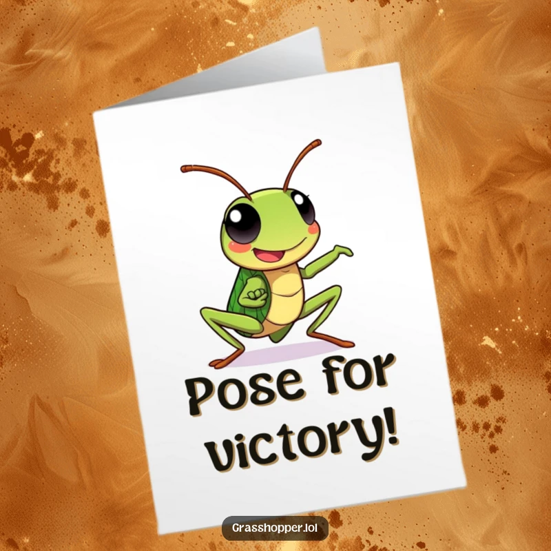 Funny Free Printable Congrats Card: Kawaii grasshopper in a dynamic, victorious pose, celebrating success. Printable.