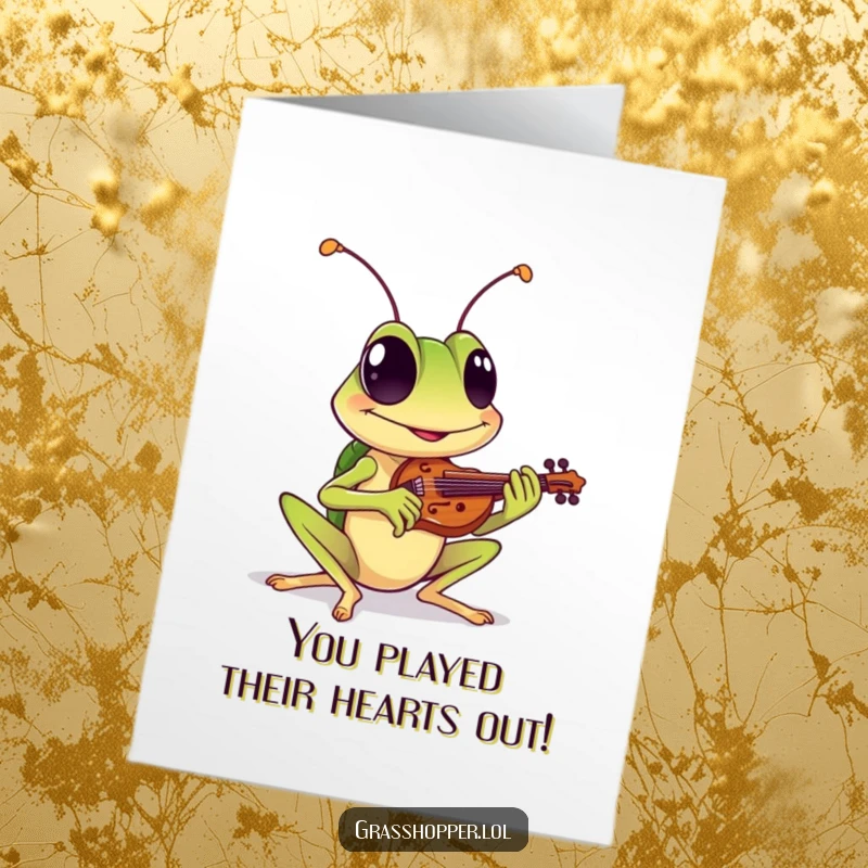 Funny Free Printable Congratulations Card: A grinning grasshopper plays a tiny violin, performing a celebratory tune for an outstanding accomplishment.