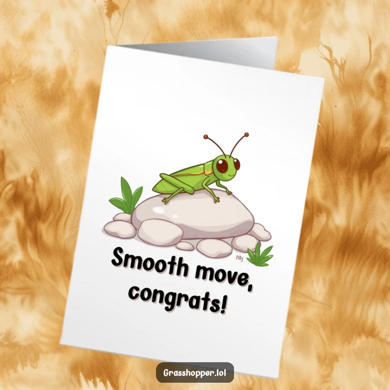Funny Free Printable Congratulations Card: A grasshopper slides happily down a smooth pebble, signifying a smooth success.