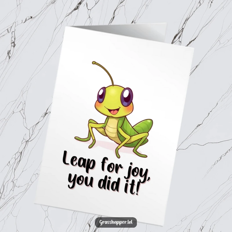 Funny Free Printable Congratulations Card showcasing a beaming grasshopper in a welcoming pose, ready to share in celebratory moments with a delightful DIY touch.