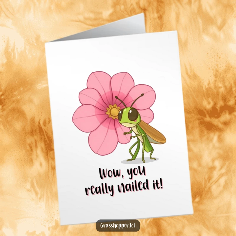 Funny Free Printable Congratulations Card: A grasshopper's eyes widen in surprise as a huge flower petal descends, perfect for celebrating wins.