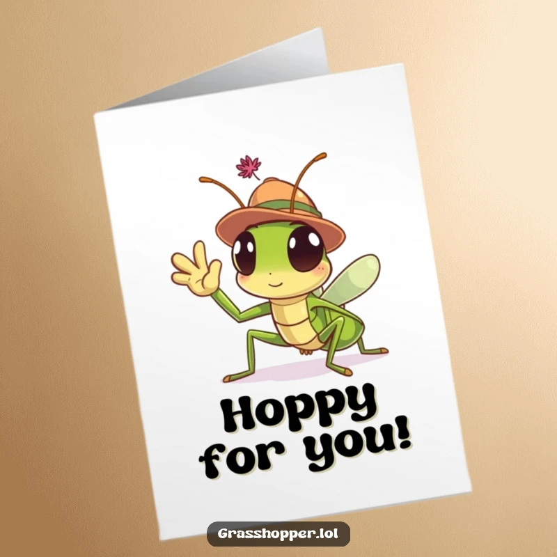 Funny Free Printable Congratulations Card: A charming grasshopper in a tiny hat waves enthusiastically to celebrate an achievement.