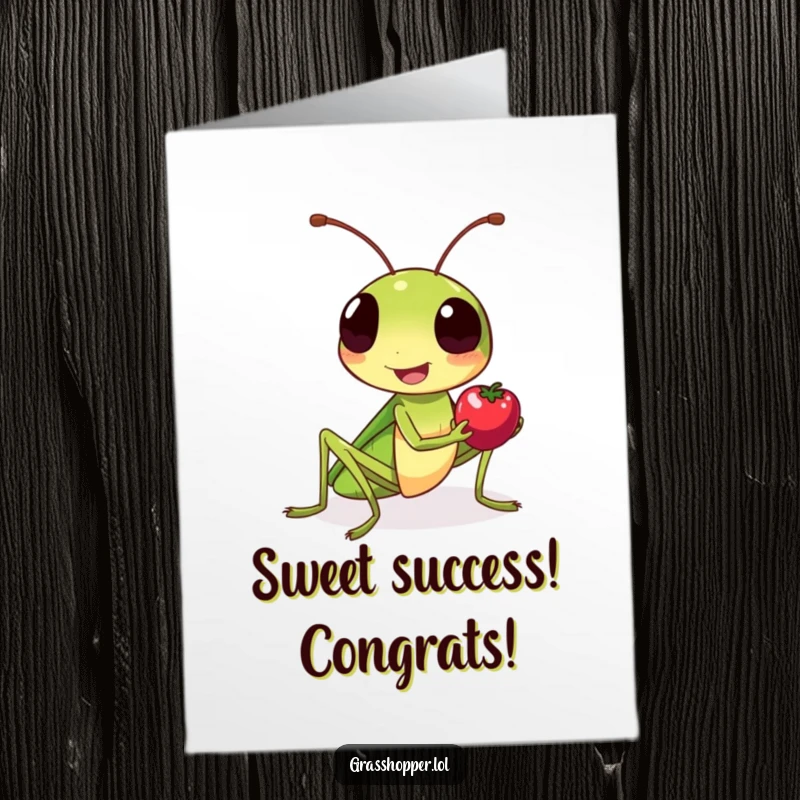 Funny Free Printable Congratulations Card: Friendly grasshopper smiling and offering a tiny berry. Symbol of good fortune.