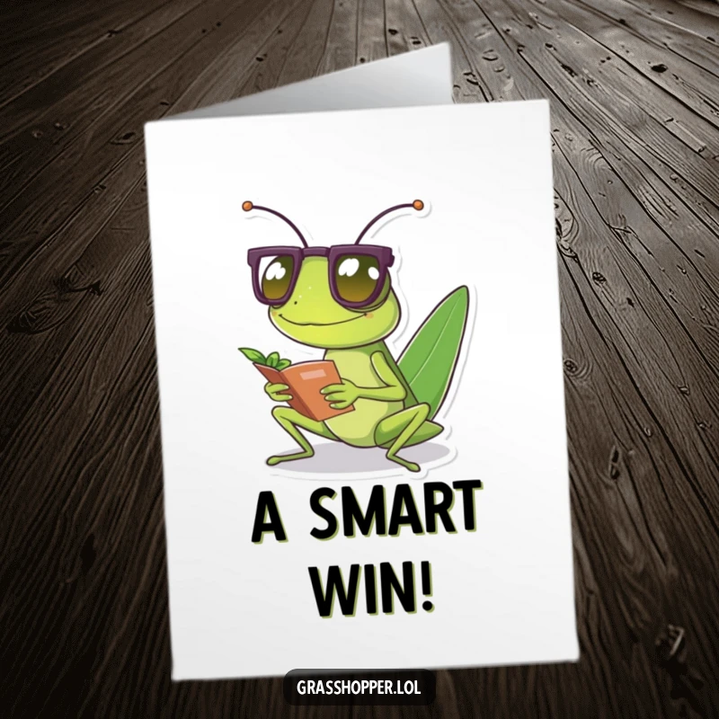 Funny Free Printable Congratulations Card: A grasshopper wearing spectacles reads a leaf, embodying wisdom and accomplishment.