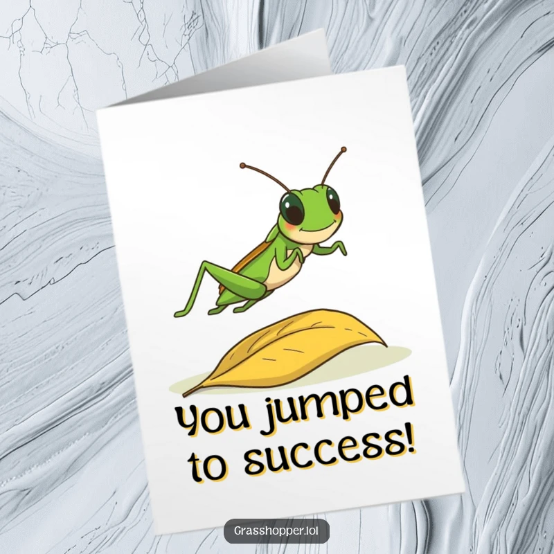 Funny Free Printable Grasshopper Congratulations Card: A grasshopper joyfully leaps over an obstacle, symbolizing success and new beginnings.