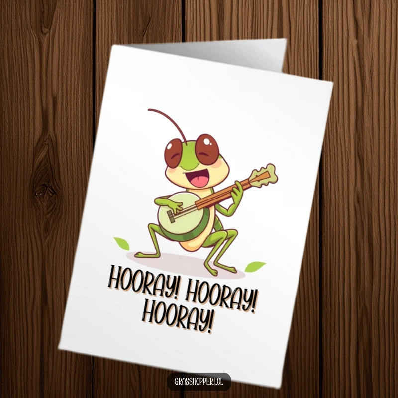Funny Free Printable Congrats Card: Grasshopper enthusiastically playing a tiny leaf banjo, celebrating an achievement with a lively, musical jam session.