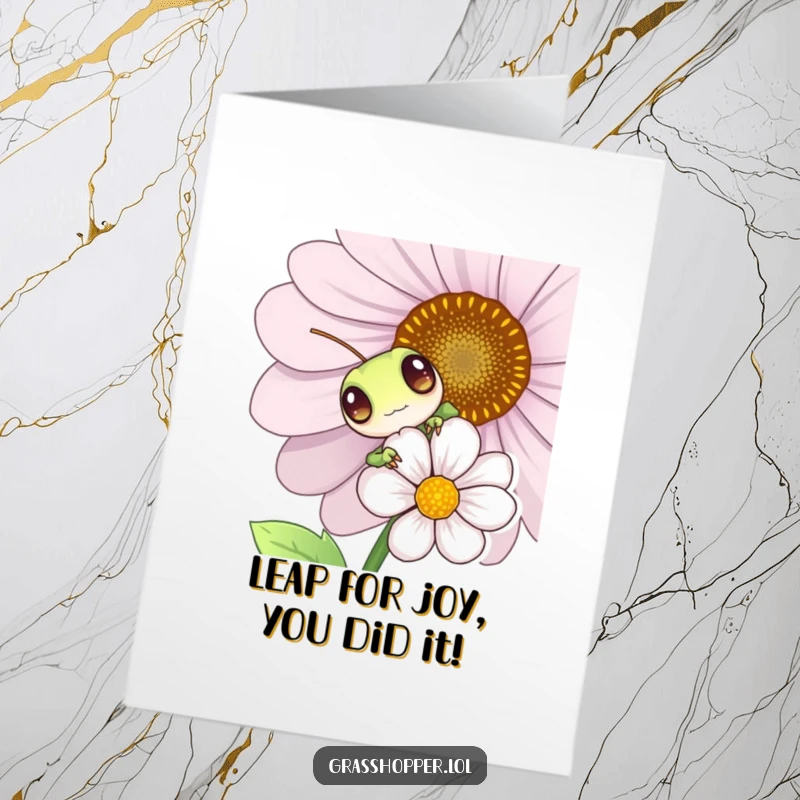 Funny Free Printable Congratulations Card with a grasshopper peeking from behind a flower, sporting a mischievous, playful grin.