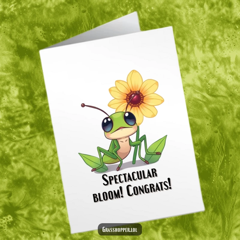 Funny Free Printable Congratulations Card: Grasshopper with wide eyes looking up at a magnificent flower. Symbol of achievement.