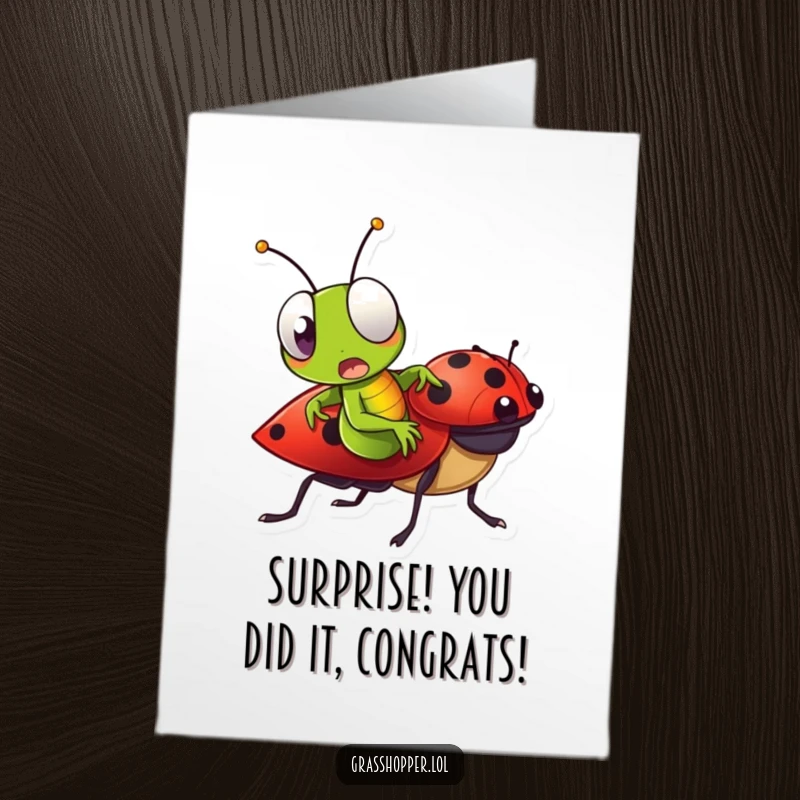Funny Free Printable Grasshopper Congratulations Card: Grasshopper with a surprised expression riding a ladybug, celebrating success humorously.