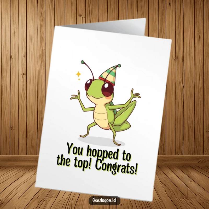 Funny free printable congratulations card: A kawaii grasshopper wearing a tiny hat performs a lively celebratory dance, beaming with happiness.