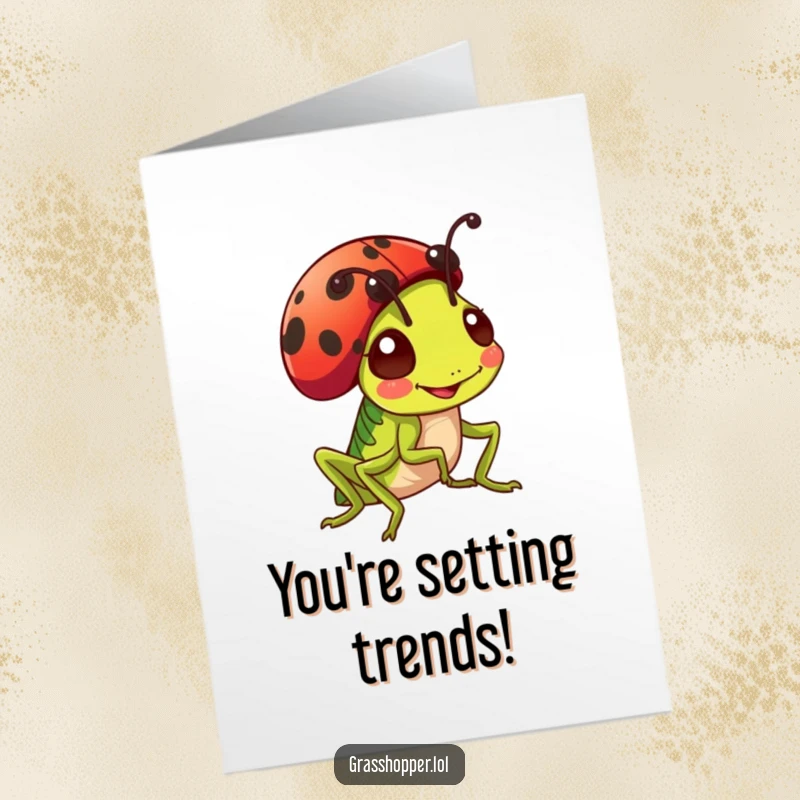 Funny Free Printable Grasshopper Congratulations Card: A happy grasshopper smiles widely, wearing a ladybug like a cute hat.