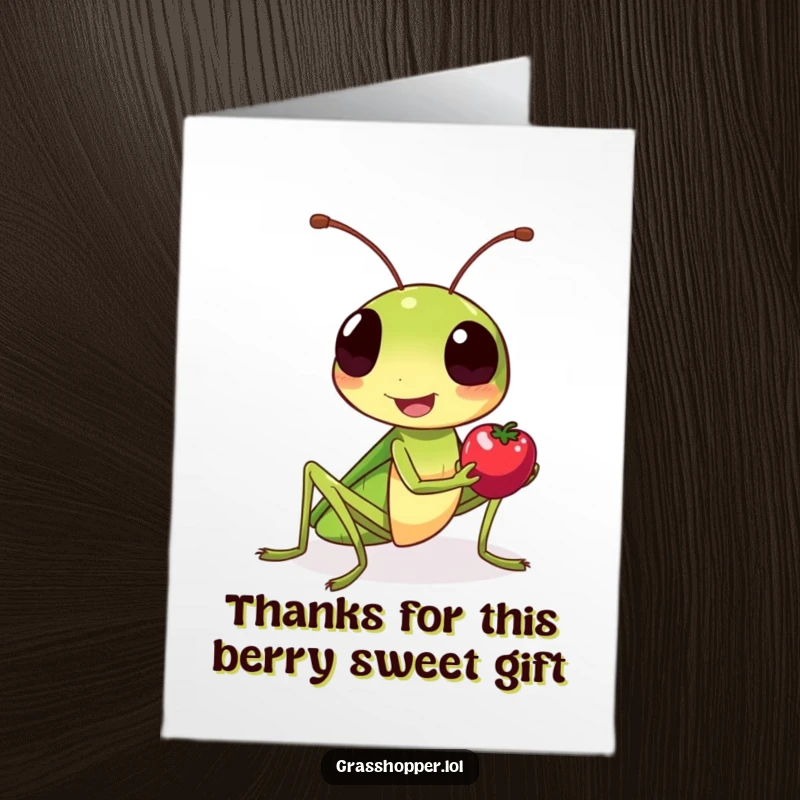 Funny Free Printable Thank You Card: Friendly grasshopper smiling and offering a tiny berry. Expressing kindness and thanks.