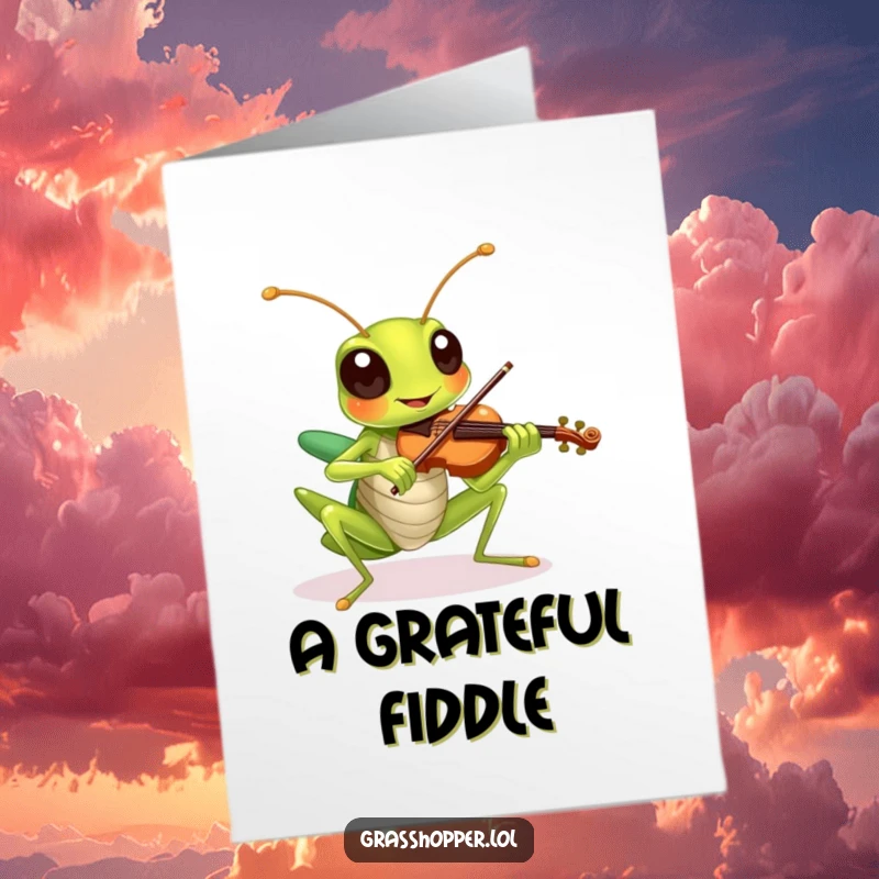 Funny Free Printable Thank You Card: A grasshopper plays a tiny violin, its cheerful expression conveying heartfelt gratitude.