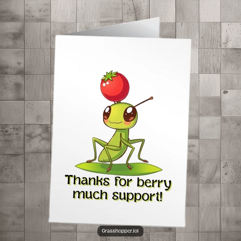 Funny Free Printable Grasshopper Thank You Card: Grasshopper humorously balancing a bright berry on its head, conveying thanks.