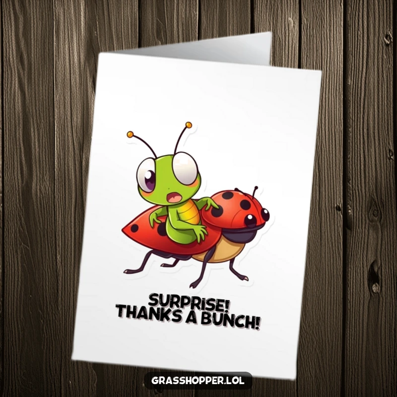 Funny Free Printable Grasshopper Thank You Card: Grasshopper making a surprised face while riding a ladybug, conveying thanks humorously.