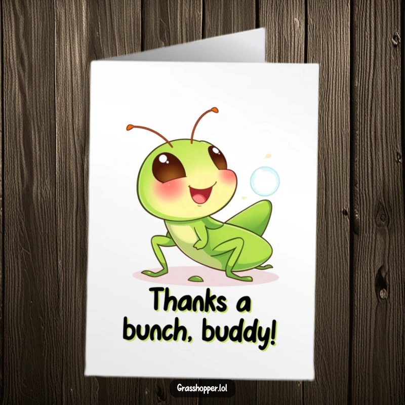 Funny Free Printable Thank You Card: A grasshopper chuckling heartily while blowing a delicate, floating bubble.