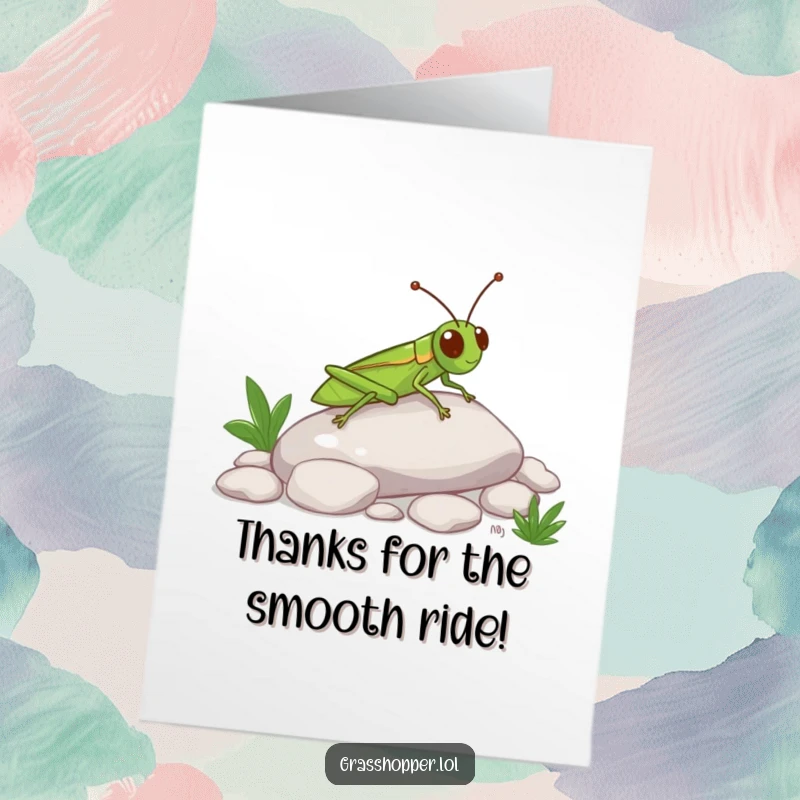 Funny Free Printable Thank You Card: A happy grasshopper slides effortlessly down a smooth pebble, conveying good feelings.