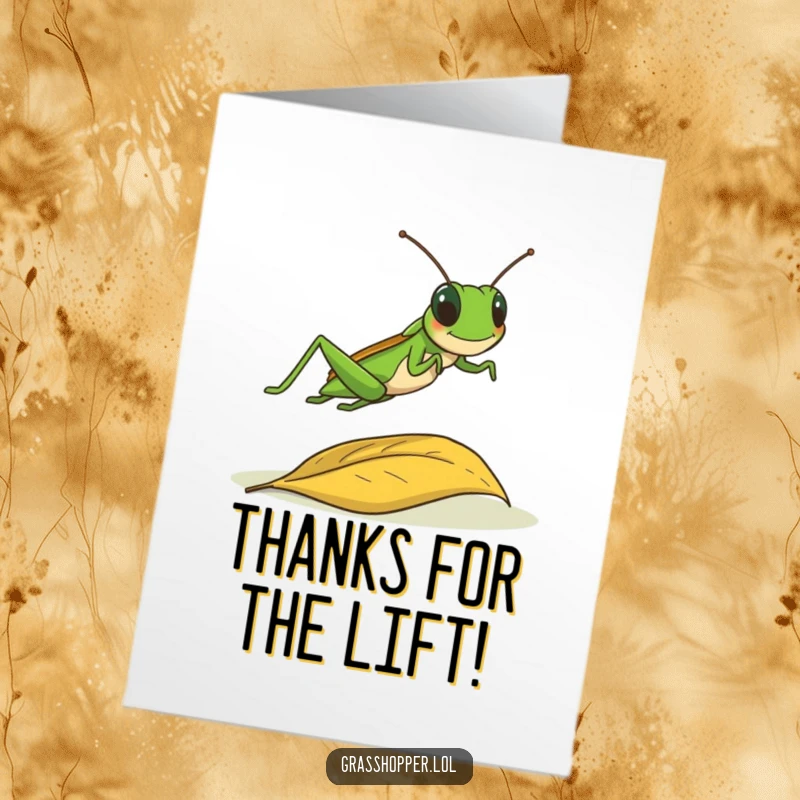 Funny Free Printable Grasshopper Thank You Card: A grasshopper takes a joyful leap over a fallen leaf, full of dynamism.