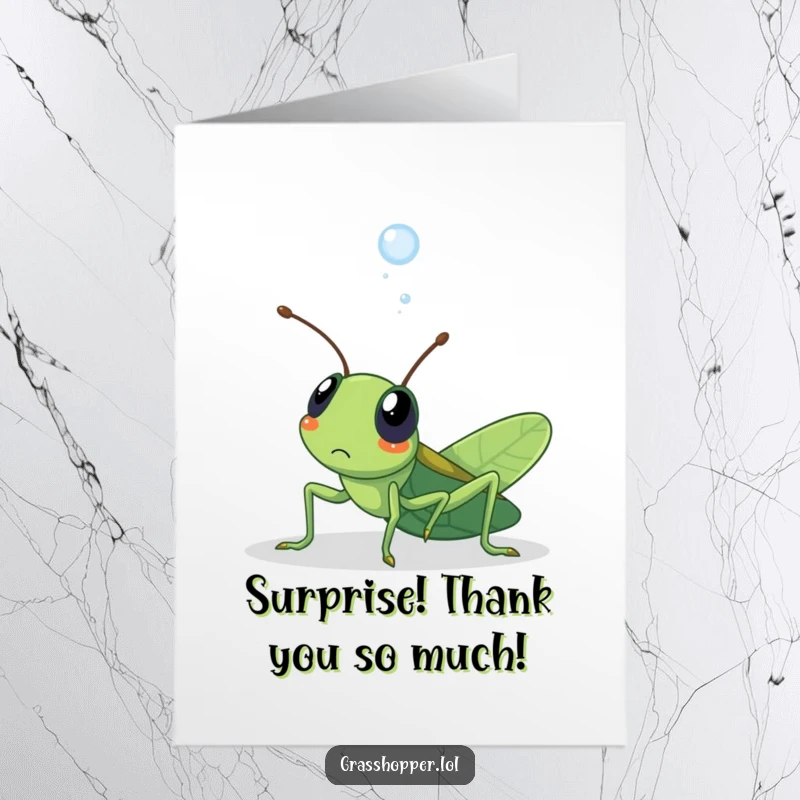 Funny Free Printable Thank You Card: Kawaii grasshopper looking surprised by a dewdrop, expressing unique thanks. Cute art.