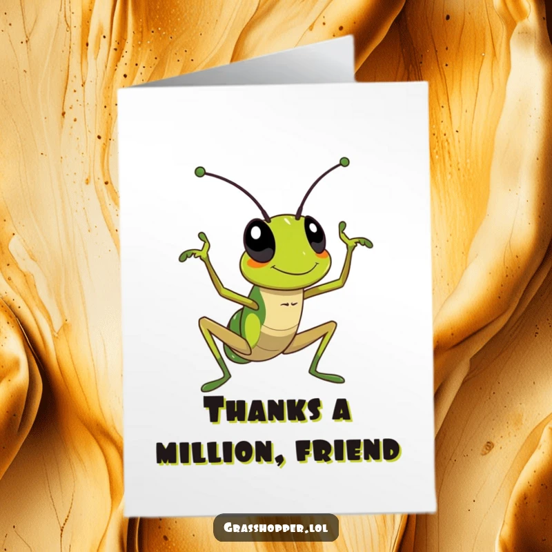 Funny Free Printable Thank You Card featuring a grasshopper enthusiastically waving its antenna, conveying thanks with a friendly vibe.