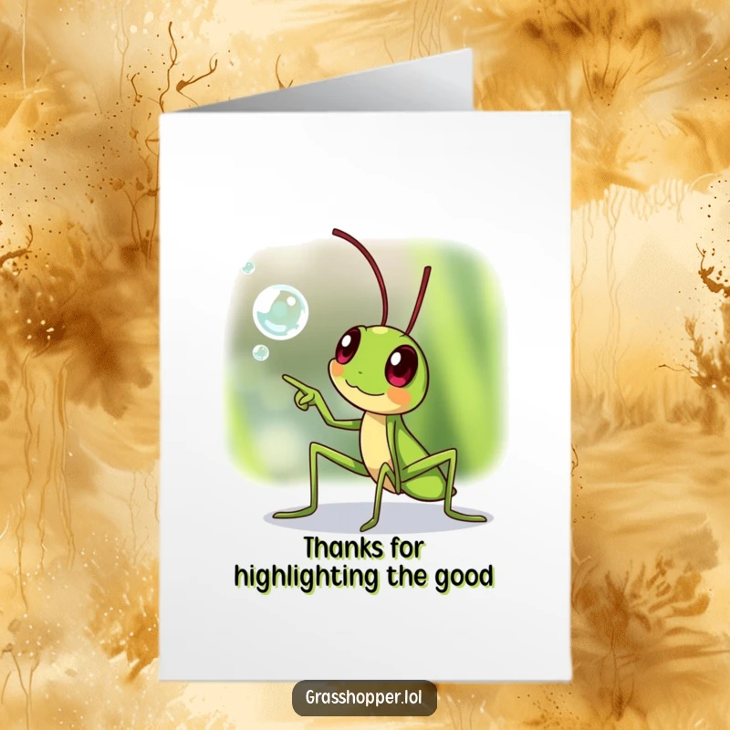 Funny Free Printable Thank You Card: A grasshopper excitedly points at a glistening dewdrop, perfect for expressing thanks with sparkle.