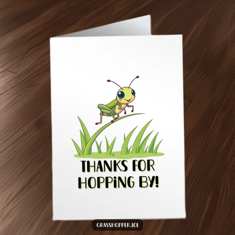 Funny Free Printable Grasshopper Thank You Card: A cheerful kawaii grasshopper energetically bounces on a green springy blade of grass.