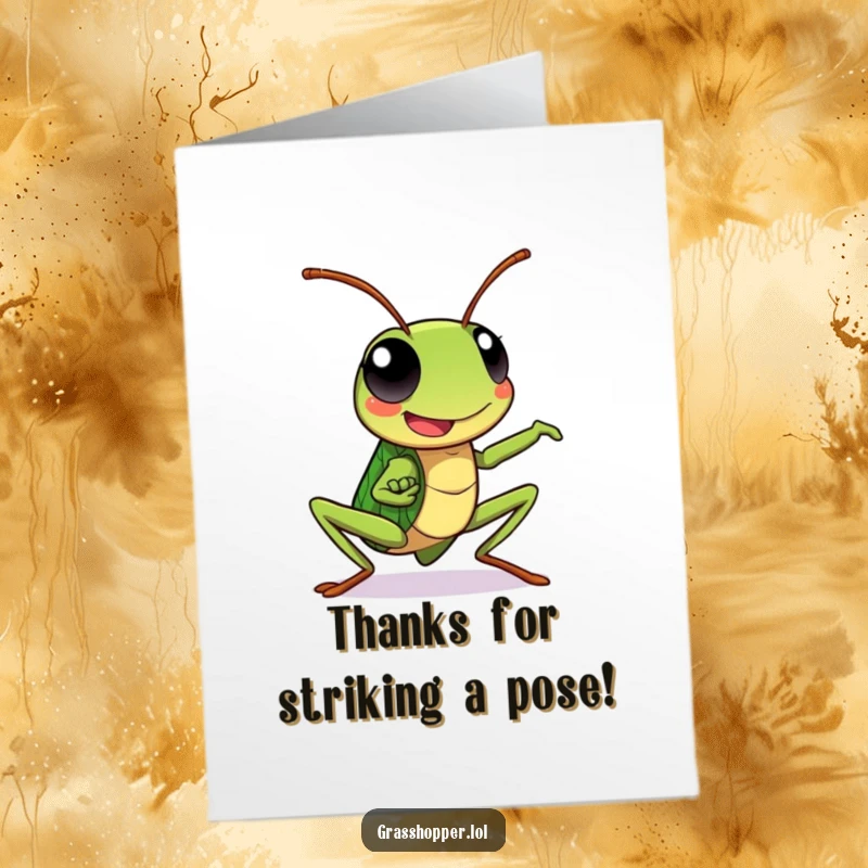 Funny Free Printable Thank You Card: Kawaii grasshopper striking a dynamic pose with a happy expression, offering thanks. Cute art.