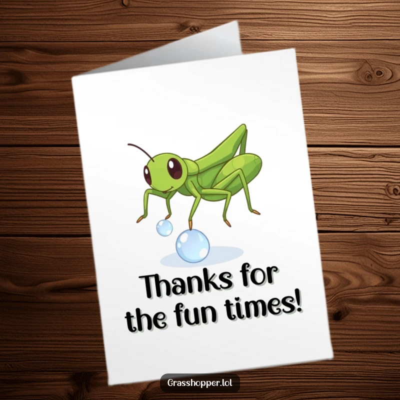 Funny Free Printable Thank You Card: A cute grasshopper playfully batting a shimmering dewdrop, expressing thanks with joy.
