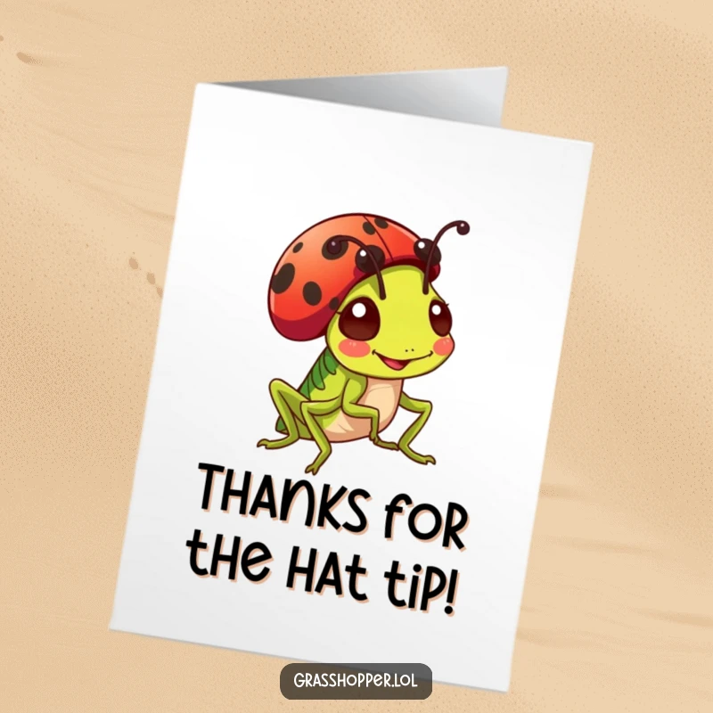 Funny Free Printable Grasshopper Thank You Card: A happy grasshopper grins, with a ladybug beetle serving as a charming hat.