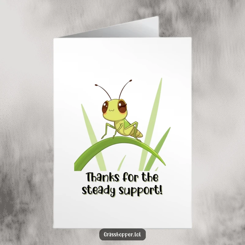 Funny Free Printable Thank You Card: A grasshopper gives a knowing wink while expertly balancing on a blade of grass.