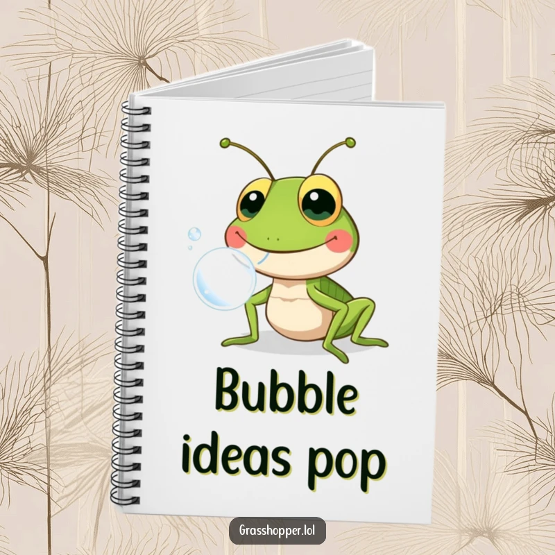 Funny grasshopper with a wide smile, blowing a large bubble, printed on a notebook cover, inspiring fun and creativity.