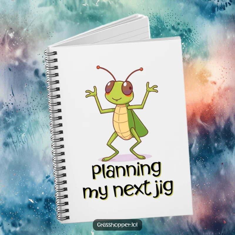 Funny grasshopper notebook, depicting a celebratory dance with legs, perfect for notes and journaling, a funny gift.