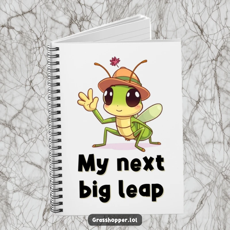 Funny Grasshopper Notebook with a hat-wearing insect waving hello, ideal for journaling and note-taking.